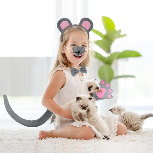 HyperFun Mouse Costume Mouse Ears Headband Tail Nose and Bow Tie Rat Mice Animal Accessories Set for Halloween Party kid in Saudi Arabia