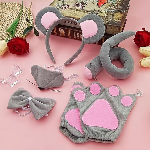 HyperFun Mouse Costume Mouse Ears Headband Tail Nose and Bow Tie Rat Mice Animal Accessories Set for Halloween Party kid in Saudi Arabia