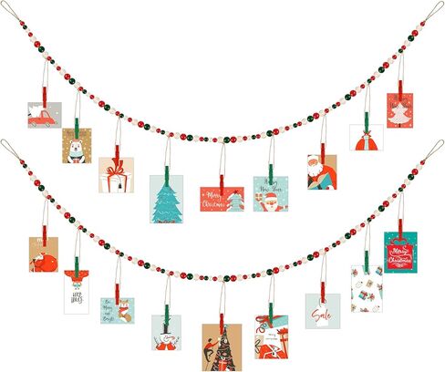 2 Pcs Christmas Hanging Photo Display with 18 Wood Clips, Wooden Beads Garland Christmas Holiday Card Picture Frame 4 Feet DIY Green Red Photo Holders for Christmas Holiday Rustic Country Decor in Kuwait