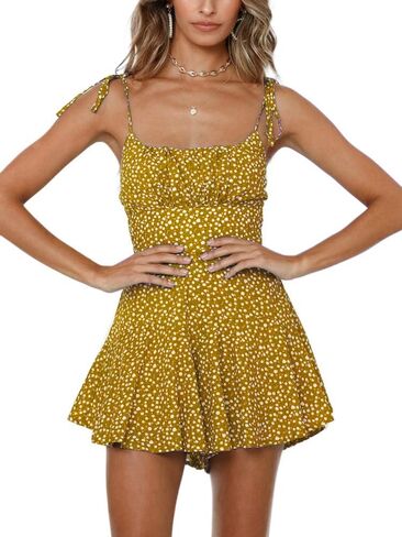 Jeanewpole1 Women's Boho Floral Wide Leg Short Romper Spaghetti Strap Smocked Jumpsuit in Saudi Arabia