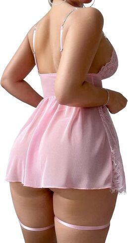 Sexy Chain Strap Sheer Mesh Lace Garter Belt Babydoll Lingerie Dress with Thong 2 Piece in Saudi Arabia