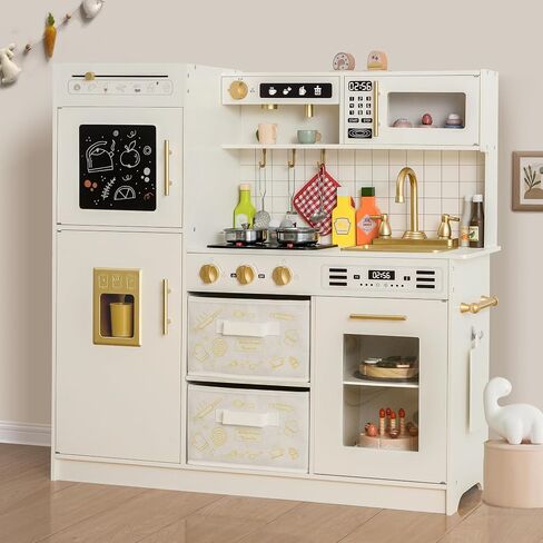 Play Kitchen Pretend Wooden Kids Kitchen Playset Toy Kitchen with Real Sound & Light and Toy Storage System and 12 Pcs Toddler Kitchen Accessories, for Boys and Girls Ages 3+,White Gold in Saudi Arabia