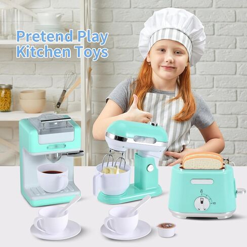 Ehome Play Kitchen Toys Kids Kitchen Accessories Pretend Play Kitchen Appliances Toy Set with Coffee Maker, Mixer, Toaster for Kids Ages 4 5 6 7 8 Girls, Birthday Gifts for Kids, Blue in Saudi Arabia