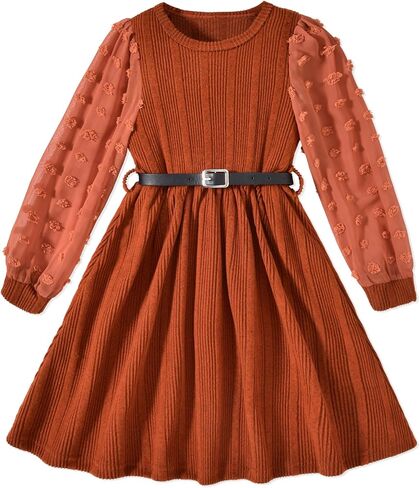 Little Girls Fall Winter Puff Long Sleeve Swiss Dot Dresses A-Line Knit Dress with Belt for Kids Size 4-12 in Kuwait