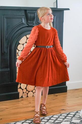 Little Girls Fall Winter Puff Long Sleeve Swiss Dot Dresses A-Line Knit Dress with Belt for Kids Size 4-12 in Kuwait
