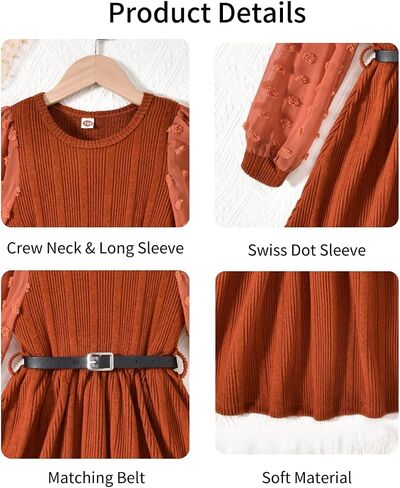 Little Girls Fall Winter Puff Long Sleeve Swiss Dot Dresses A-Line Knit Dress with Belt for Kids Size 4-12 in Kuwait