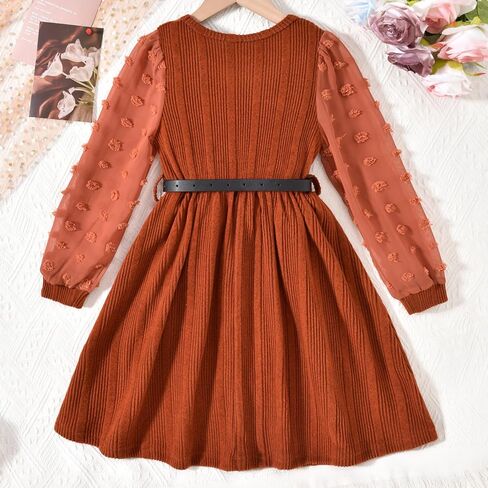 Little Girls Fall Winter Puff Long Sleeve Swiss Dot Dresses A-Line Knit Dress with Belt for Kids Size 4-12 in Kuwait