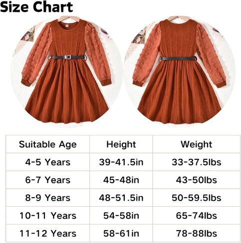 Little Girls Fall Winter Puff Long Sleeve Swiss Dot Dresses A-Line Knit Dress with Belt for Kids Size 4-12 in Kuwait