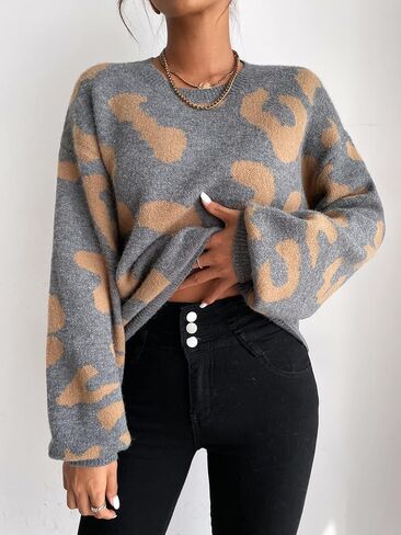 Floerns Women's Printed Long Sleeve Crew Neck Knitted Regular Fit Sweater Top in Saudi Arabia