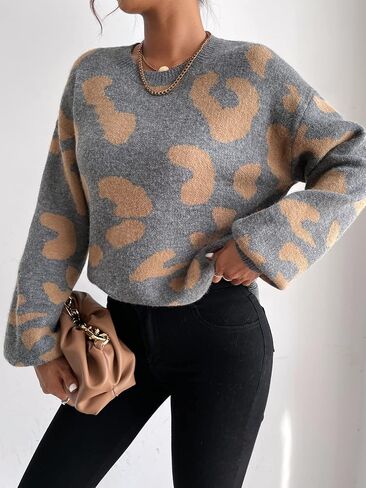 Floerns Women's Printed Long Sleeve Crew Neck Knitted Regular Fit Sweater Top in Saudi Arabia