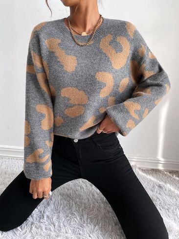 Floerns Women's Printed Long Sleeve Crew Neck Knitted Regular Fit Sweater Top in Saudi Arabia