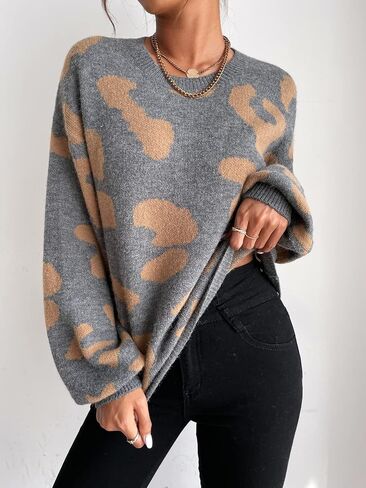 Floerns Women's Printed Long Sleeve Crew Neck Knitted Regular Fit Sweater Top in Saudi Arabia