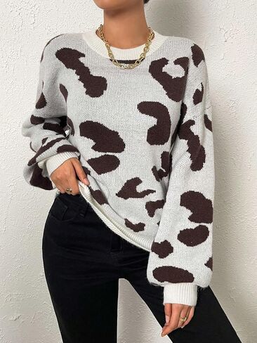 Floerns Women's Printed Long Sleeve Crew Neck Knitted Regular Fit Sweater Top in Saudi Arabia