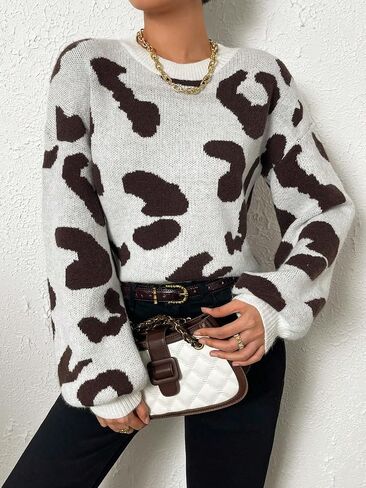 Floerns Women's Printed Long Sleeve Crew Neck Knitted Regular Fit Sweater Top in Saudi Arabia