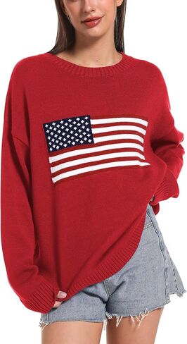 Ugerlov Women's Oversized American Flag Sweater Long Sleeve Crewneck Knit USA Sweaters 2024 Fall Chunky Warm Pullover Tops in Saudi Arabia
