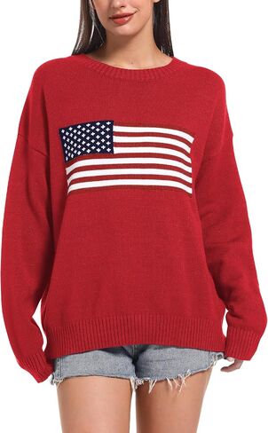 Ugerlov Women's Oversized American Flag Sweater Long Sleeve Crewneck Knit USA Sweaters 2024 Fall Chunky Warm Pullover Tops in Saudi Arabia