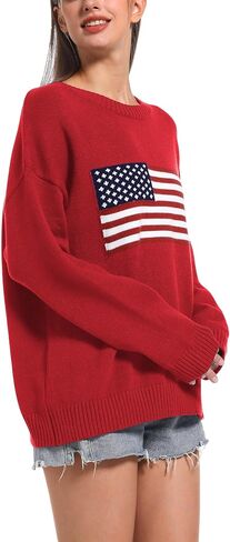Ugerlov Women's Oversized American Flag Sweater Long Sleeve Crewneck Knit USA Sweaters 2024 Fall Chunky Warm Pullover Tops in Saudi Arabia
