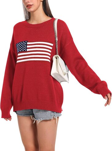 Ugerlov Women's Oversized American Flag Sweater Long Sleeve Crewneck Knit USA Sweaters 2024 Fall Chunky Warm Pullover Tops in Saudi Arabia
