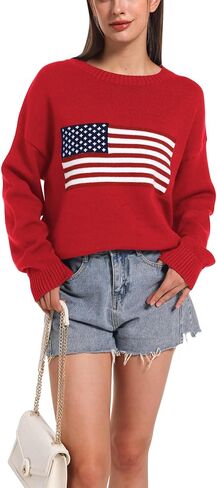 Ugerlov Women's Oversized American Flag Sweater Long Sleeve Crewneck Knit USA Sweaters 2024 Fall Chunky Warm Pullover Tops in Saudi Arabia