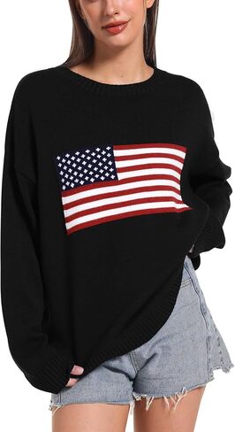 Ugerlov Women's Oversized American Flag Sweater Long Sleeve Crewneck Knit USA Sweaters 2024 Fall Chunky Warm Pullover Tops in Saudi Arabia