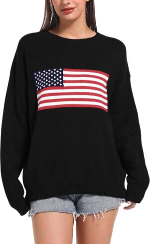 Ugerlov Women's Oversized American Flag Sweater Long Sleeve Crewneck Knit USA Sweaters 2024 Fall Chunky Warm Pullover Tops in Saudi Arabia