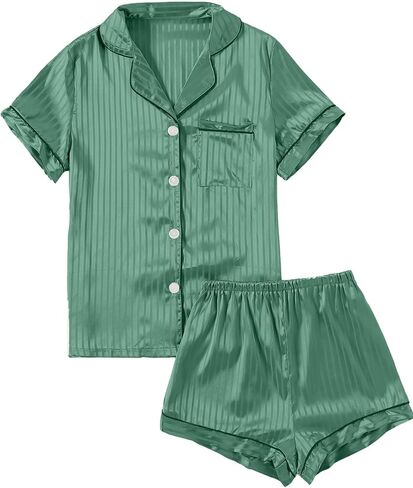 Remidoo Women's Short Sleeve Button Down Satin 2 Piece Pajama Set Sleepwear in Kuwait