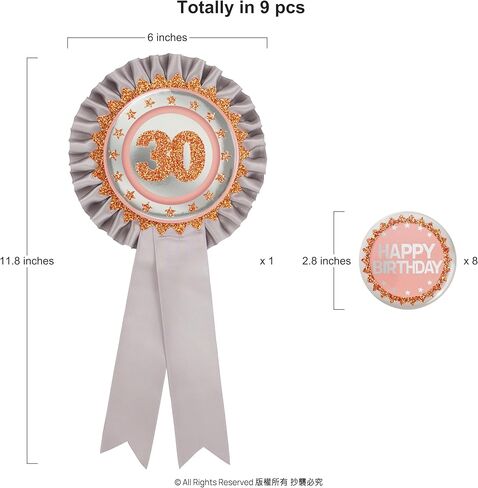 9 قطع من دبابيس زر عيد الميلاد الثلاثين من Cheerland باللون الفضي والذهبي الوردي اللامع لحفلات أعياد الميلاد وزر بروش للنساء من الذكرى السنوية 30 ومستلزمات تزيين حفلات أعياد الميلاد in Kuwait