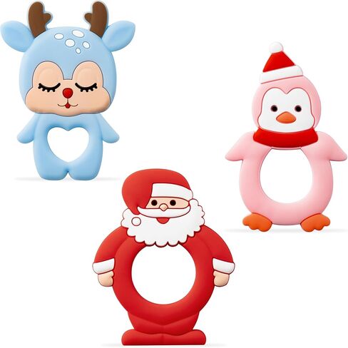 3Pcs Christmas Silicone Teething Toys for Babies,The First Christmas Baby Soothe Teething Chew Toys Infants Soft Teether Toys Toddler Snowman Design Toys Christmas Birthday Gifts for Baby Boy and Girl in Saudi Arabia