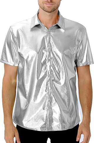 Funny World Mens 70s Disco Outfits Metallic Short Sleeve Sparkling Button up Sequin Shirts, Silver in Kuwait