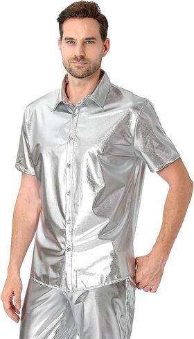 Funny World Mens 70s Disco Outfits Metallic Short Sleeve Sparkling Button up Sequin Shirts, Silver in Kuwait
