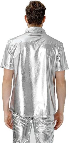 Funny World Mens 70s Disco Outfits Metallic Short Sleeve Sparkling Button up Sequin Shirts, Silver in Kuwait