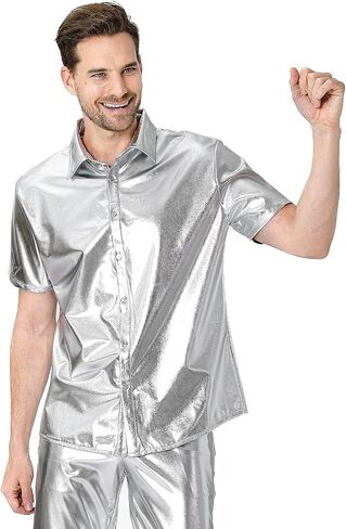 Funny World Mens 70s Disco Outfits Metallic Short Sleeve Sparkling Button up Sequin Shirts, Silver in Kuwait