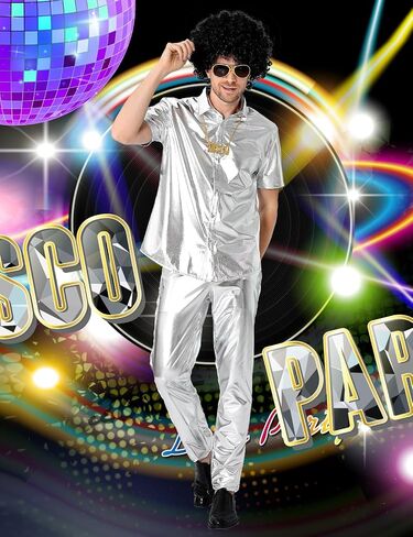 Funny World Mens 70s Disco Outfits Metallic Short Sleeve Sparkling Button up Sequin Shirts, Silver in Kuwait