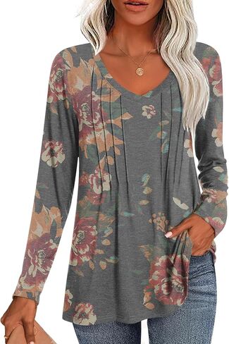 HOTGIFT Womens Long Sleeve Tunic Tops Casual Fall Winter V Neck Blouse Pleated Dressy Loose Shirts in Kuwait