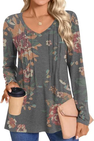 HOTGIFT Womens Long Sleeve Tunic Tops Casual Fall Winter V Neck Blouse Pleated Dressy Loose Shirts in Kuwait