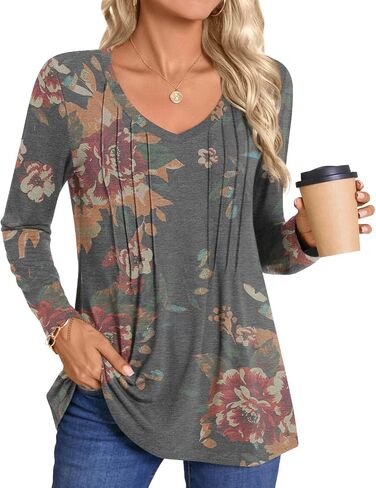 HOTGIFT Womens Long Sleeve Tunic Tops Casual Fall Winter V Neck Blouse Pleated Dressy Loose Shirts in Kuwait