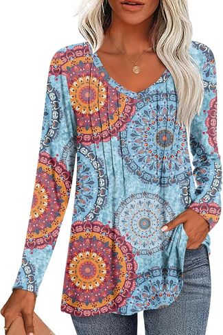 HOTGIFT Womens Long Sleeve Tunic Tops Casual Fall Winter V Neck Blouse Pleated Dressy Loose Shirts in Kuwait