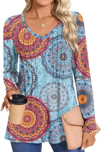 HOTGIFT Womens Long Sleeve Tunic Tops Casual Fall Winter V Neck Blouse Pleated Dressy Loose Shirts in Kuwait