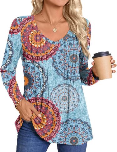 HOTGIFT Womens Long Sleeve Tunic Tops Casual Fall Winter V Neck Blouse Pleated Dressy Loose Shirts in Kuwait