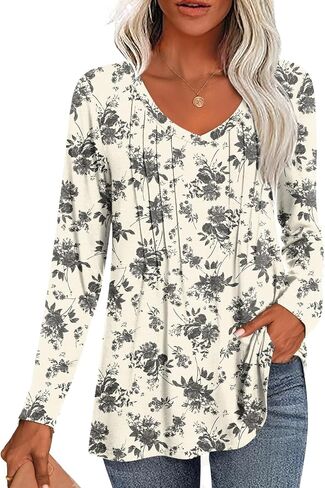 HOTGIFT Womens Long Sleeve Tunic Tops Casual Fall Winter V Neck Blouse Pleated Dressy Loose Shirts in Kuwait