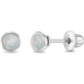 925 Sterling Silver Bezel Set Simulated Opal Safety Screw Back Earrings For Toddler and Little Girls - Children's Small Simulated Opal Earrings - Dainty Earrings for Toddler Girls