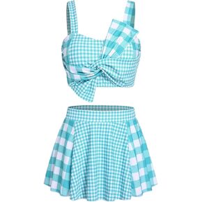 Rosegal Plus Size Women 3 Piece Tankini Swimsuit Plaid Twist Knot Bathing Suit High Waisted Swimwear with Beach Skirt