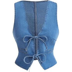 OYOANGLE Women's Tie Front Denim Vests Deep V Neck Sleeveless Asymmetrical Hem Slim Fit Crop Tank Tops