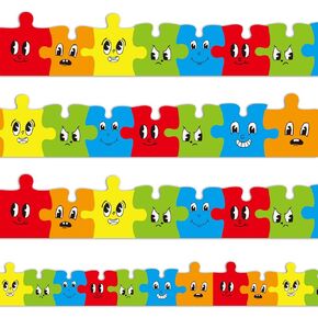 Whaline 32.8ft Puzzle Bulletin Board Borders Colorful Cartoon Puzzle Die-Cut Rolled Border Trim for School Classroom Office Chalkboard Decoration