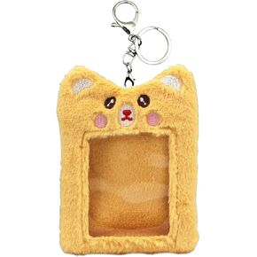 Cute Plush Kpop Photocard Holder with Keychain, Cartoon Card Sleeve ID Card Protective Case Cover Kpop Gifts for Girls (Pink Bear)