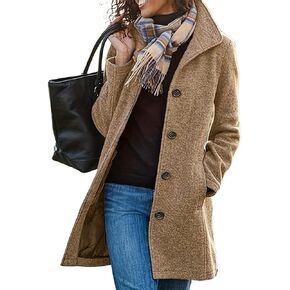 Women's Winter Wool Blend Pea Coat Stand Collar Single Breasted Trench Coat Overcoat