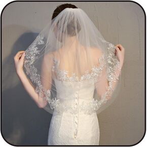 Flower Lace Wedding Veil 2 Tier Short Bridal Veils for Brides White Waist Length Veil with Comb Soft Tulle