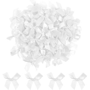 100PCS Satin Ribbon Mini Bows, 2.75in Twist Tie Bows Pre-Tied Bows for DIY Craft Premade Craft Bows for Gift Wrapping Treat Bags Decorations Wedding Party Christmas Baby Shower(White)