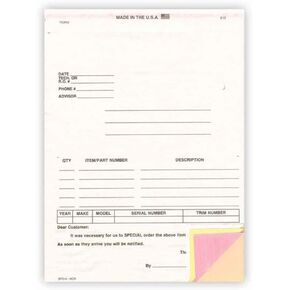 Special Parts Order Form (4-Part Carbonless) - 100 per Pack