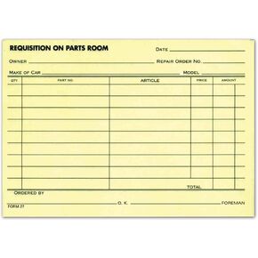 Requisition on Parts Room Form (1-Part, Canary Yellow) (Car Parts Order Form) (100 per Pad)